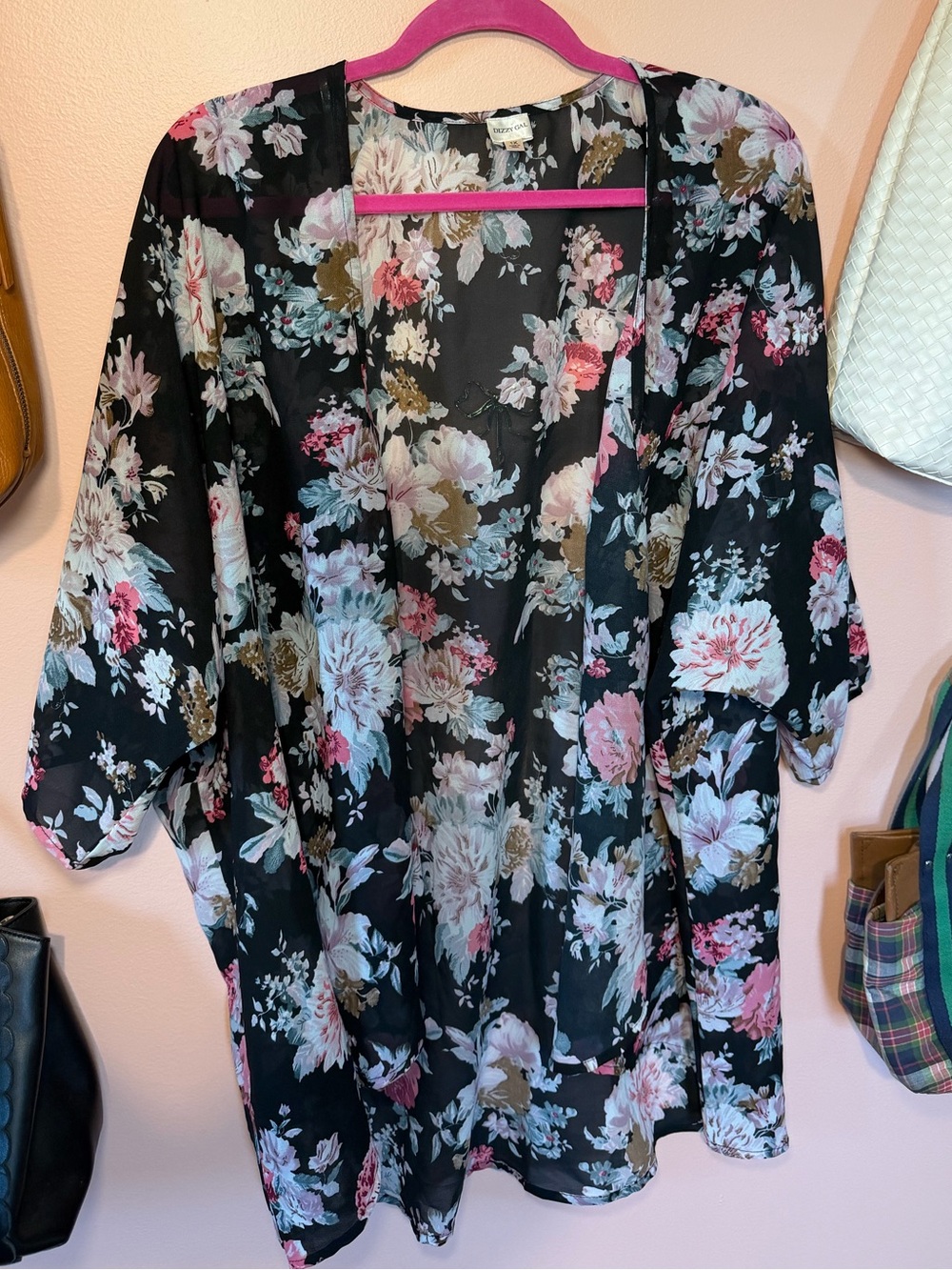 Floral Sheer Black Kimono Cardigan - Pink & White Blooms